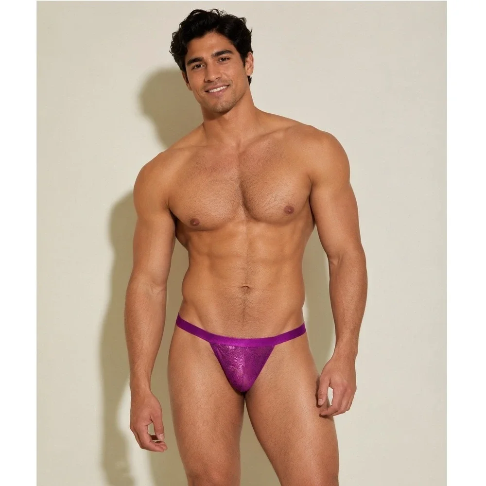 Cosabella Men's Thong Stretch Italian Lace Mid-Rise‎ Underwear Swiss Beet